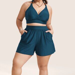 BloomChic High Waisted Pockets Solid Pleated Swim Bottom